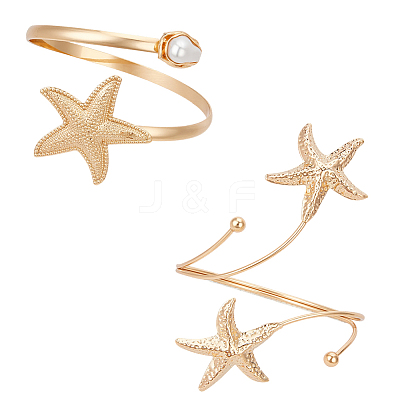 1Pc Alloy with Plastic Pearl Arm Cuff Bangles for Women BJEW-CY0001-14G-1