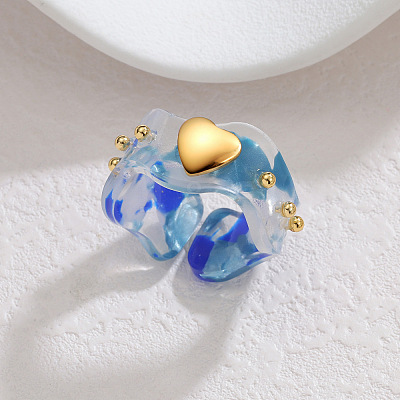 304 Stainless Steel Resin Heart Cuff Open Rings for Women WGD54EA-02-1