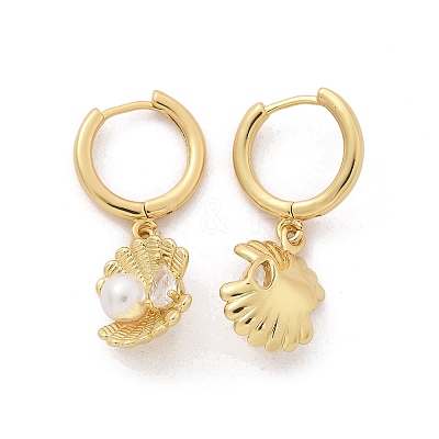 Shell Shape Brass Micro Pave Cubic Zirconia Hoop Earrings EJEW-M077-05G-1