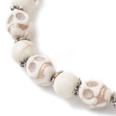 Halloween Dyed Synthetic Turquoise Skull & Round Beaded Stretch Bracelets for Men Women BJEW-JB12255-01-1