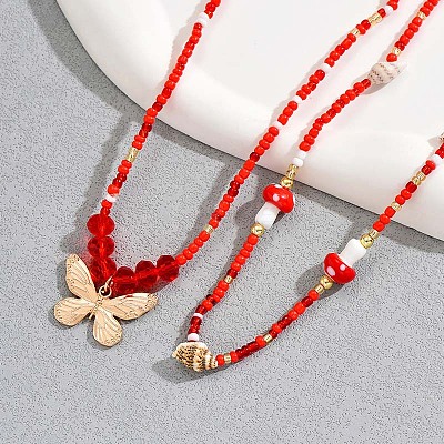 Resin Mushroom & Natural Shell & Glass Seed Beaded Alloy Butterfly Charm Double Layer Stretch Waist Chains for Women FS-WGE52BD-01-1