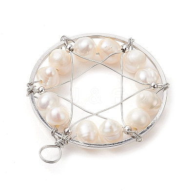 Natural Cultured Freshwater Pearl Round Beaded Ring Pendants PALLOY-JF02617-02-1