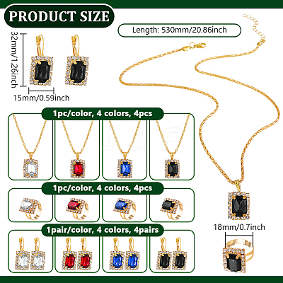 4 Colors Rectangle Rhinestone Jewerly Set SJEW-HY0001-12-1