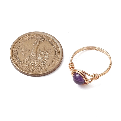 Round Natural Amethyst/Green Aventurine/Carnelian/Rose Quartz/Tiger Eye/Lapis Lazuli Braided Finger Ring RJEW-JR00743-02-1