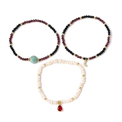 3Pcs Natural Cultured Freshwater Pearl & Black Onyx & Garnet & Amazonite Beads Stretch Bracelets Sets BJEW-JB12365-1