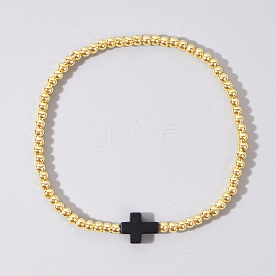 Cross Synthetic Turquoise & Round Brass Beaded Stretch Bracelets VG5379-5-1