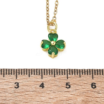 Saint Patrick's Day Brass Pave Cubic Zirconia Green Four-Leaf Clover Pendant 304 Stainless Steel Satellite Chain Necklaces NJEW-JN06677-1