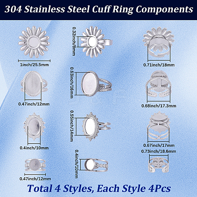 16Pcs 4 Styles Adjustable 304 Stainless Steel Open Cuff Ring Components STAS-SC0020-85-1