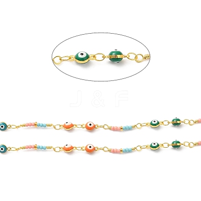 Handmade Brass Enamel Flat Round with Evil Eye Link Chains CHC-M024-23G-02-1