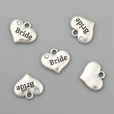 Wedding Theme Antique Silver Tone Tibetan Style Heart with Bride Rhinestone Charms TIBEP-N005-12E-1