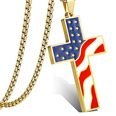 Independence Day Alloy Enamel American Flag Cross Pendant Necklaces for Men FS-WG51290-01-1