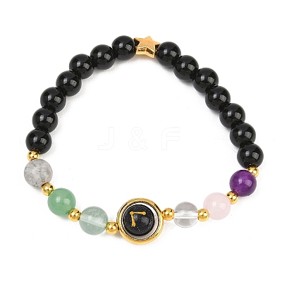 12 Zodiac Sign Natural Black Obsidian Round Beads Stretch Bracelets for Men Women WG228FC-07-1
