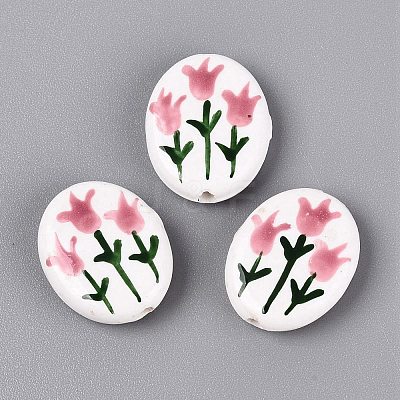 Hand Painted Tulip Flower Oval Porcelain Beads PORC-N012-11B-1