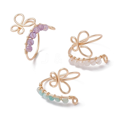 3Pcs 3 Style Light Gold Brass Wire Wrap Butterfly Open Cuff Rings RJEW-JR00655-1