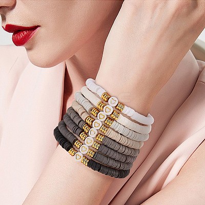 10Pcs 10 Style Handmade Polymer Clay Heishi Beaded Stretch Bracelets Set with Heart BJEW-SW00036-05-1