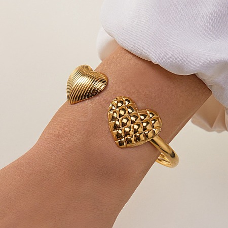 304 Stainless Steel Heart Cuff Bangles for Women BJEW-A154-01B-G-1