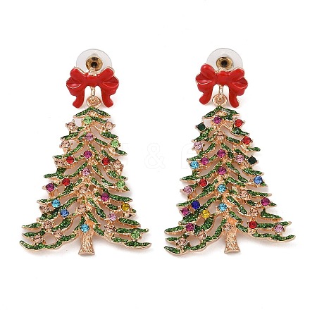 Bowknot Christmas Tree Alloy Colorful Rhinestone & Enamel Dangle Stud Earrings for Women LS-EJEW-L203-11KCG-1