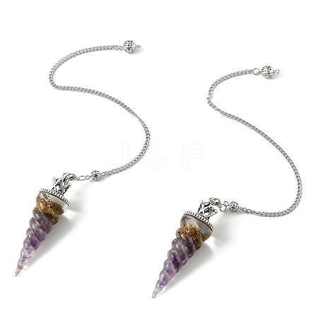 Resin Dowsing Pendulum Pendants with Natural Amethyst Chips inside and Iron Chain & Alloy Caps GG-CBAEAD2-01B-1