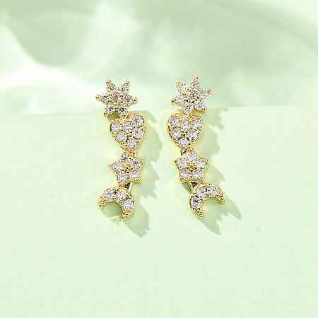 Brass Pave Cubic Zirconia Stud Crawler Earrings KK-CBAA351-11G-1
