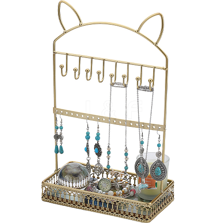 SUNNYCLUE 1Pc Cat Ear Iron Jewelry Organizer Display Stands with Wooden Base ODIS-SC0001-02-1