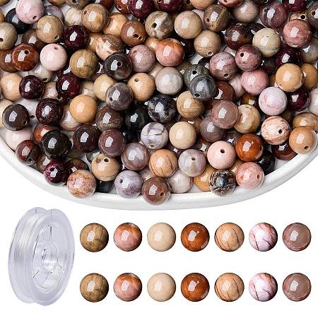 100Pcs Natural Petrified Wood Round Bead with Strong Stretchy Beading Elastic Thread G-SZ0002-28-1