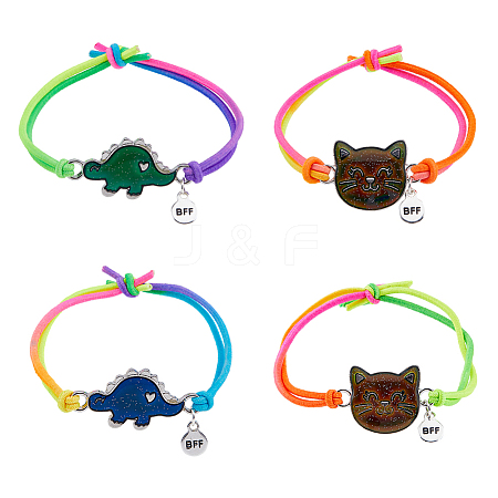 FIBLOOM 4Pcs 4 Style Cat & Dinosaur Alloy Link Bracelets Set with Rubber BJEW-FI0001-55-1