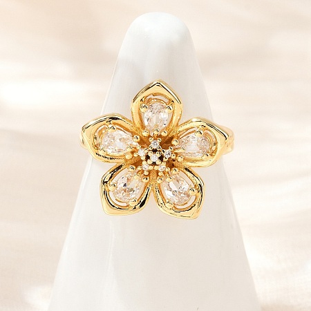 Flower Brass Micro Pave Clear Cubic Zirconia Cuff Rings RJEW-S633-02G-1