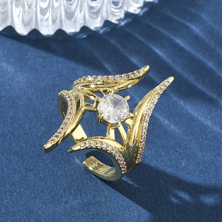 Brass Micro Pave Cubic Zirconia Cuff Open Rings for Women RJEW-L343-09G-01-1