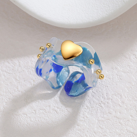 304 Stainless Steel Resin Heart Cuff Open Rings for Women WGD54EA-02-1