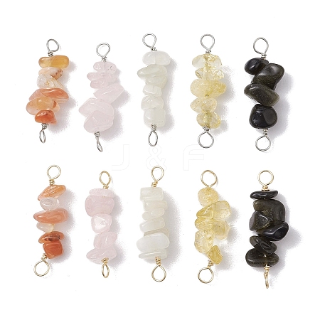 10Pcs 5 Styles Constellation Natural Rose Quartz & Citrine & Golden Sheen Obsidian & South Red Agate & White Moonstone Copper Wire Wrapped Chip Beaded Connector Charms PALLOY-JF02905-10-1