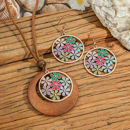 Ethnic Style Alloy Enamel & Wood Pendant Necklaces & Dangle Earrings Sets WG3F4B9-01-1