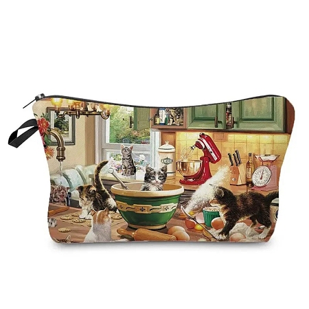 Cat in the Kitchen Print Linen Cosmetic Zipper Pouches PW-WG7274F-07-1