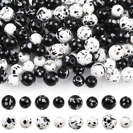 200Pcs 4 Styles Printed Opaque Acrylic Round Beads ACRP-YW0001-19-1