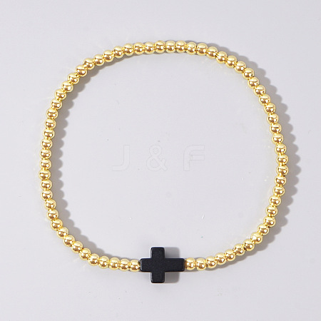 Cross Synthetic Turquoise & Round Brass Beaded Stretch Bracelets VG5379-5-1