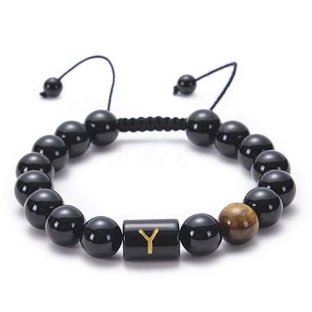 10MM Natural Black Onyx(Dyed & Heated) and Tiger Eye Alphabet Round Braided Bead Adjustable Bracelets for Women DM6424-25-1
