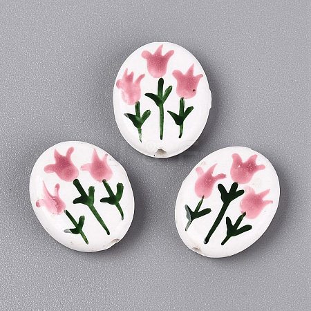 Hand Painted Tulip Flower Oval Porcelain Beads PORC-N012-11B-1