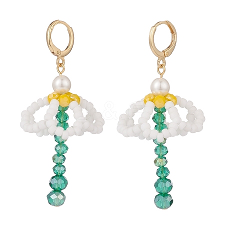 Shell Pearl & Glass Braided Flower with Long Tassel Dangle Leverback Earrings EJEW-TA00122-1