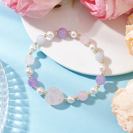 Heart Natural Aquamarine & Rose Quartz & Amethyst Beads Stretch Bracelets for Women BJEW-JB11759-1