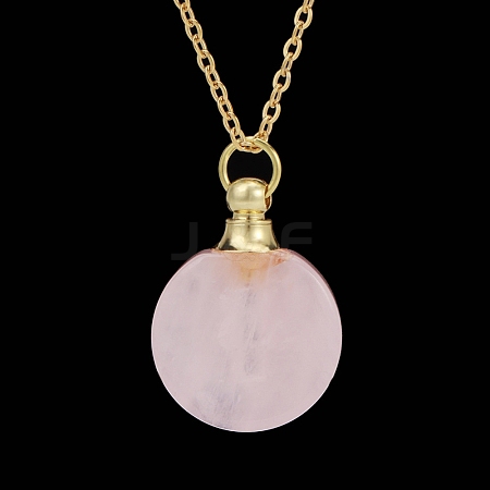 Natural Rose Quartz Flat Round Perfume Bottle Pendant Necklaces PW-WGD45C6-05-1