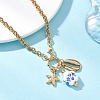 White and Blue Porcelain Flower & 304 Stainless Steel Starfish and Shell Shape Pendant Necklaces for Women NJEW-JN05648-1