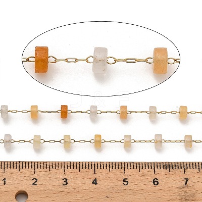 Handmade 304 Stainless Steel Yellow Aventurine Beads Flat Round Link Chains CHS-B011-05G-01-1