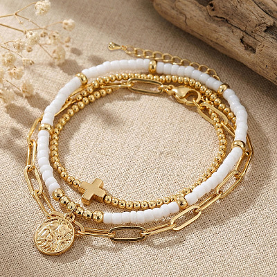 3Pcs Glass Beaded & Brass Charm Stackable Bracelet Sets NI4761-1
