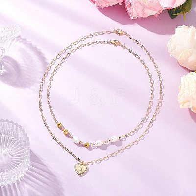 Natural Cultured Freshwater Pearl Rice Beads Brass Heart with Letter Pendant Paperclip Chain Double Layered Necklaces NJEW-JN05378-03-1