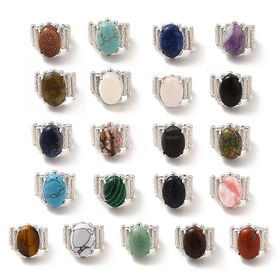 Gemstone Oval Open Cuff Ring RJEW-P082-03P-1