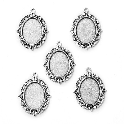 Tibetan Style Antique Silver Alloy Flat Oval Pendant Cabochon Settings X-TIBEP-M022-19AS-1