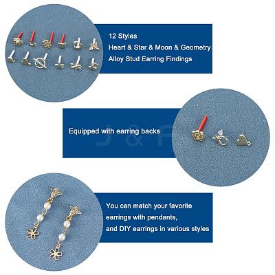 48Pcs Heart & Star & Moon & Geometry Alloy Stud Earring Findings PALLOY-PH0001-83LG-1