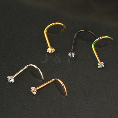 304 Stainless Steel Micro Pave Clear Cubic Zirconia Flat Round Fishtail Nose Rings WG924B3-02-1