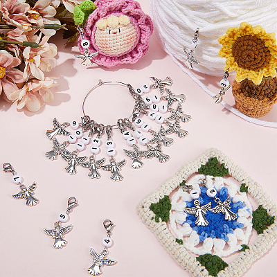 20Pcs Number Acrylic Beaded Pendant Locking Stitch Markers with Alloy Angel HJEW-SC00043-1