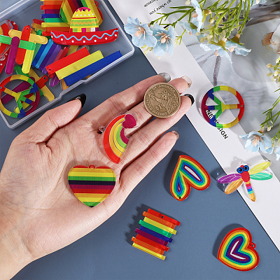 22Pcs 11 Styles Rainbow Color Printed Acrylic Pendants OACR-CA0001-21-1