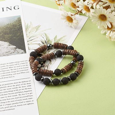 Natural Coconut Rondelle Beads Stretch Bracelets Set for Men Women BJEW-JB06771-1